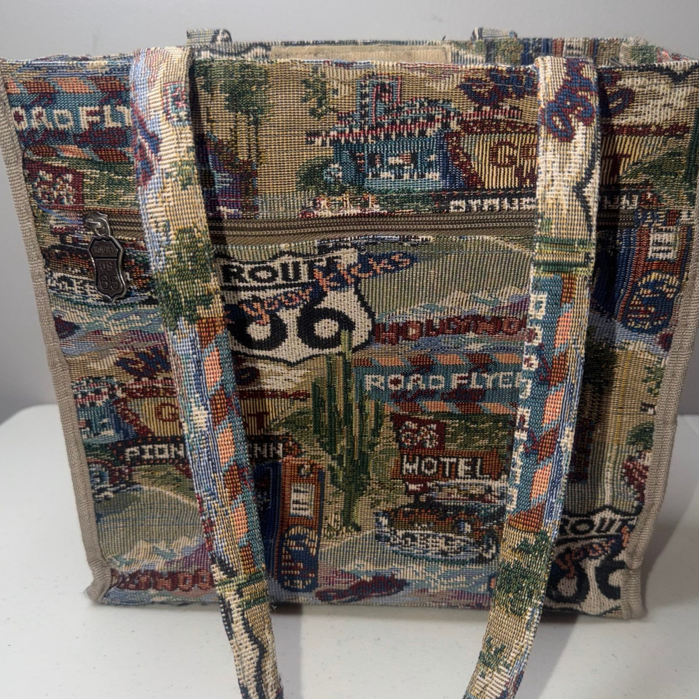 JADE Route 66 Tapestry Tote Bag- 12. x 12in.- Zipper Compartments Vintage